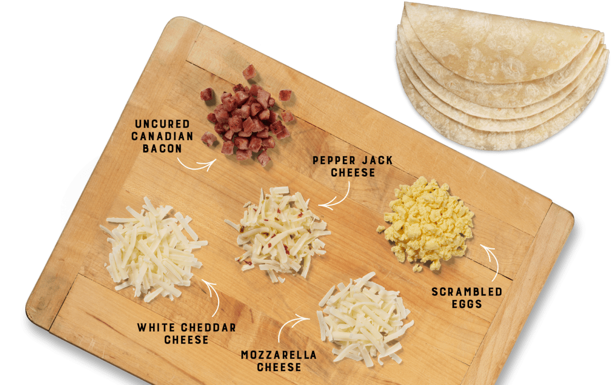 Uncured Canadian Bacon Breakfast Burrito Ingredients Board