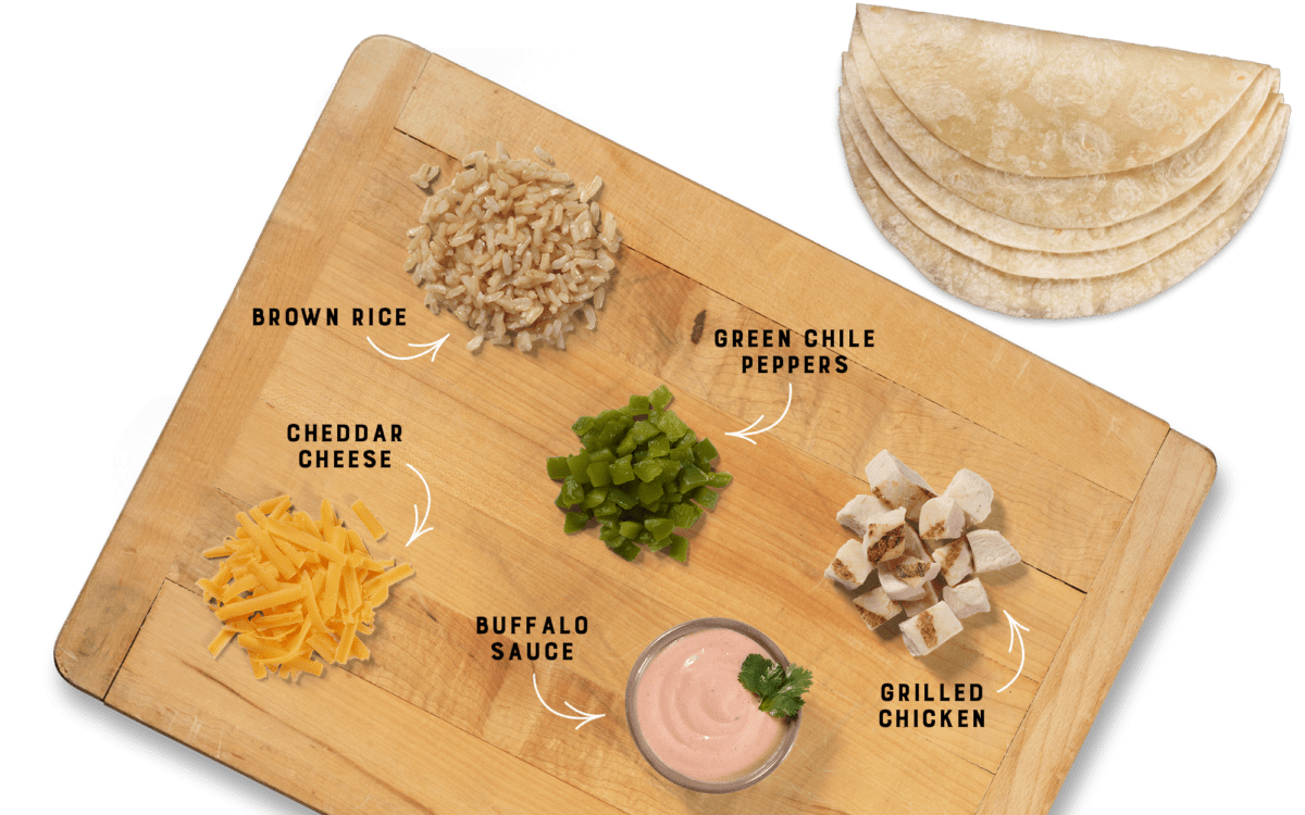 Buffalo Style Chicken Burrito Ingredients on Cutting Board