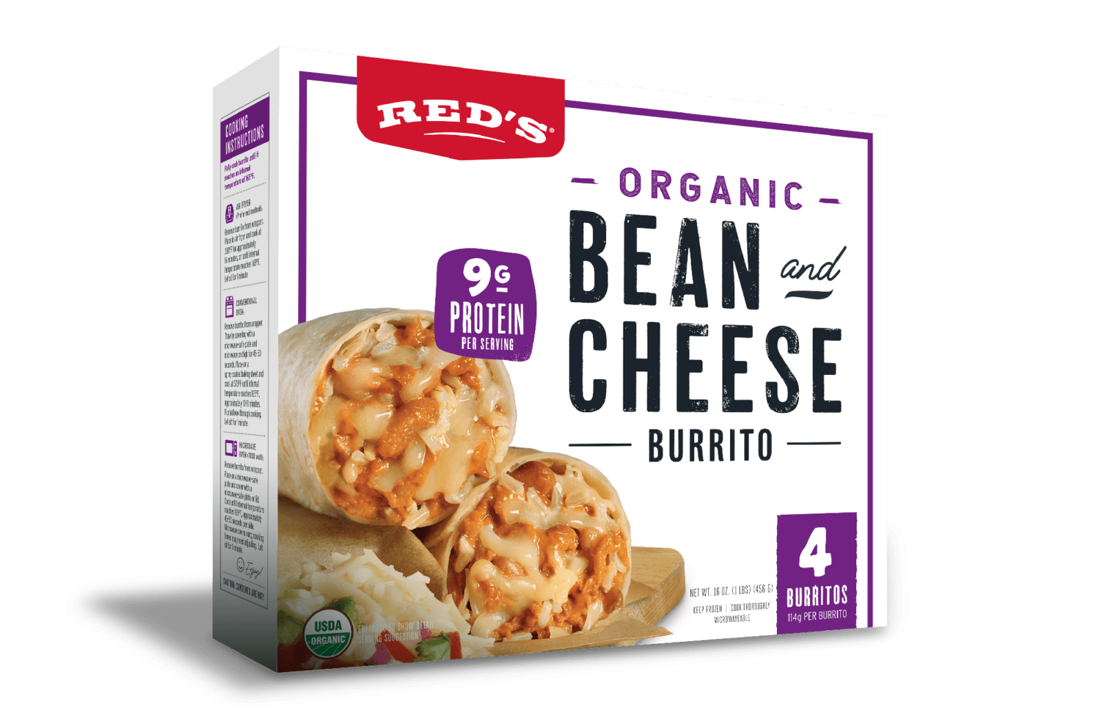 Organic Bean & Cheese Burrito 4Pack Red's All Natural