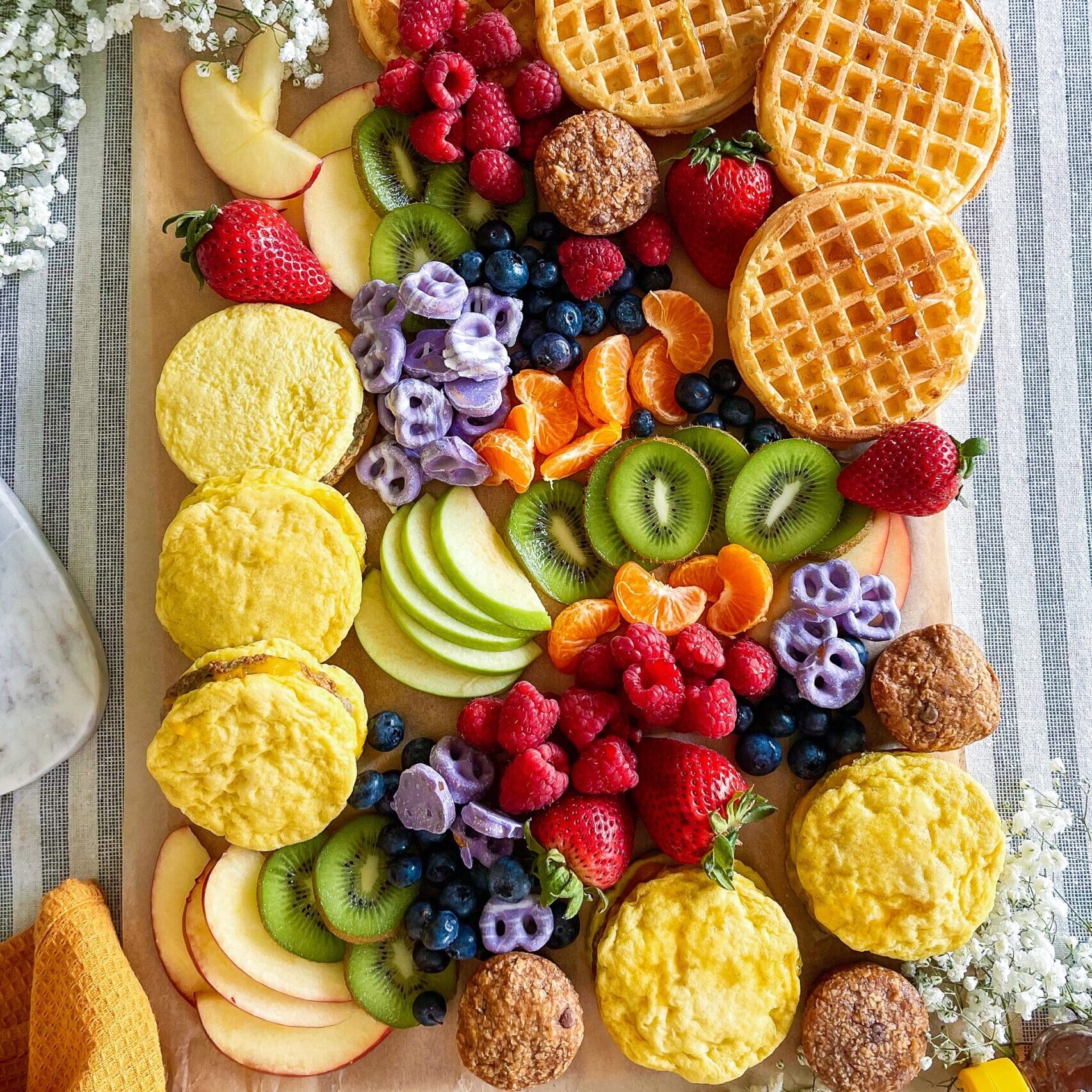 Egg'Wich Brunch Board with waffles, fruit and muffins